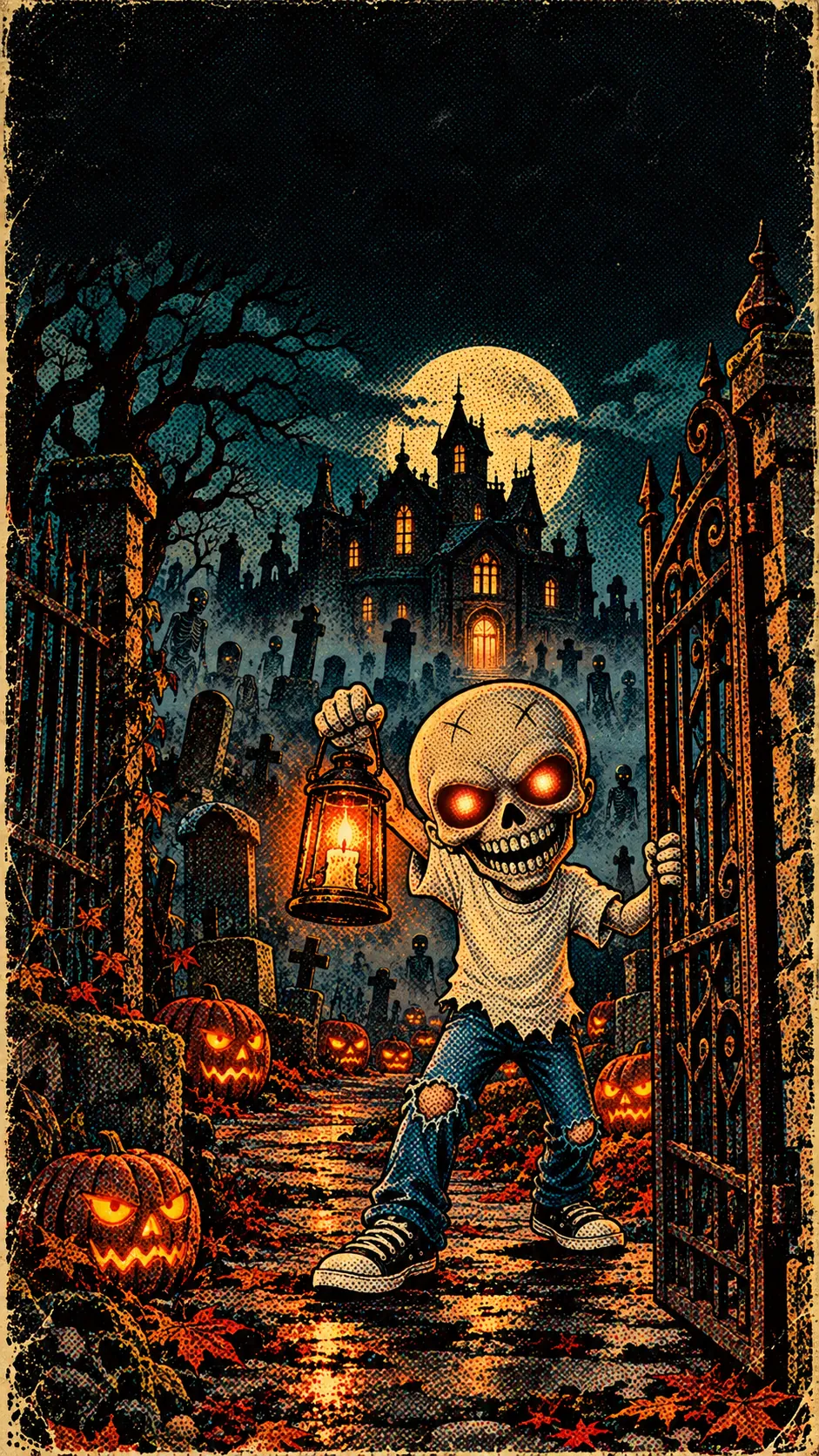 Lil Brains holds the cemetery gate open, a candle lantern raised. Pumpkins watch from the path, skeletons stand in the fog, and the mansion waits beyond.